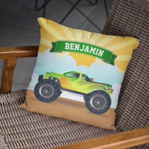 Coussin Green Monster Truck Personalized Name Kids Room
