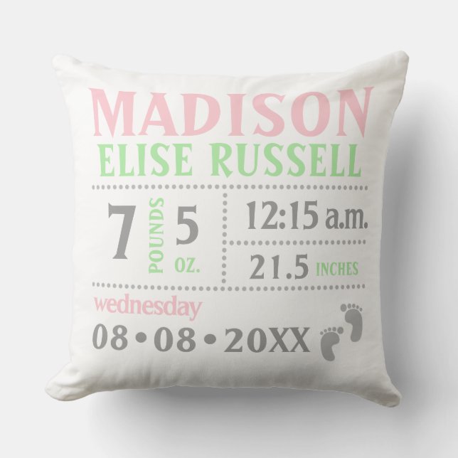 Coussin Green Pink Baby Girl photo Détails de naissance in (Recto)
