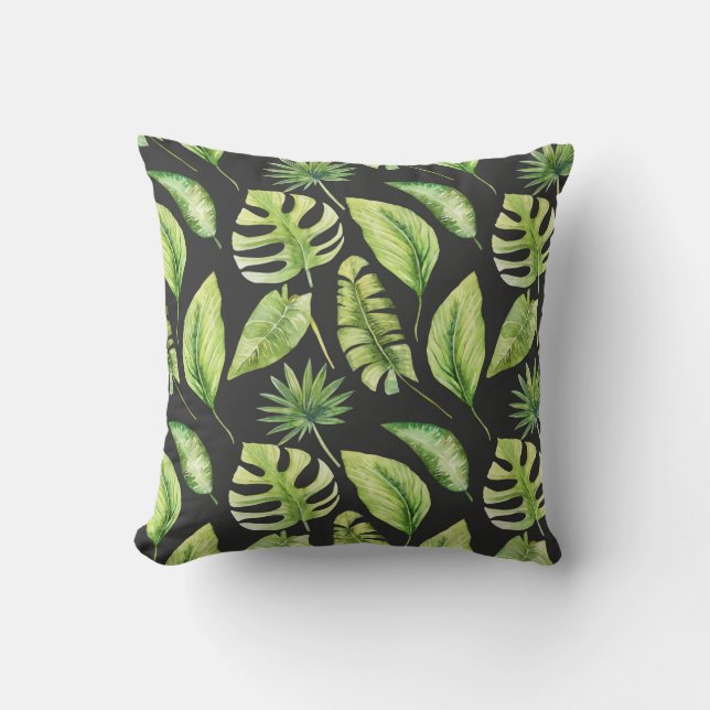 Coussin Green Tropical Feuille Motif Botanique Noir (Recto)