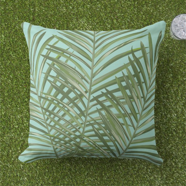 Coussin Green Tropical Palm Feuilles Aqua Blue (Herbe)