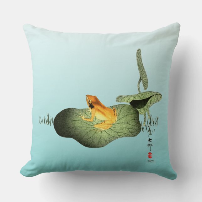 Coussin Grenouille jaune sur feuille de lotus (Recto)