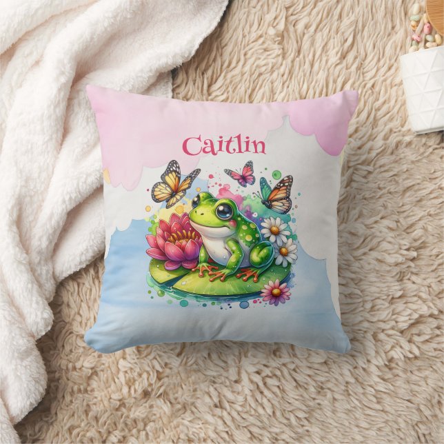 Coussin Grenouille personnalisée, fleurs et papillons bébé (Couverture)