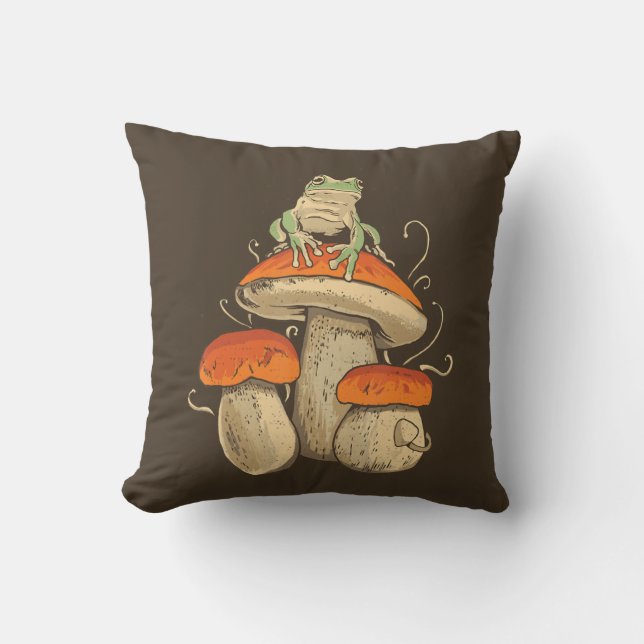 Coussin Grenouille vintage aux champignons Cottagecore (Recto)