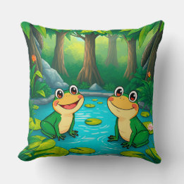 Coussin Grenouilles de dessin animé assises près d'un étan