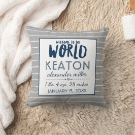 Coussin Grey Nursery Baby Boy Birth Statistiques Typograph