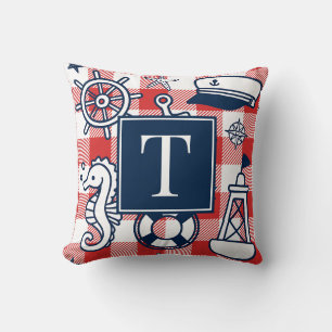 Coussin Gribouillages nautiques – Monogramme à carreaux ro