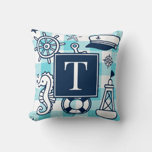 Coussin Gribouillages nautiques – Monogramme à carreaux tu