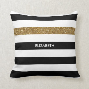Coussin Grilles noires modernes FAUX Gold Glitz et nom