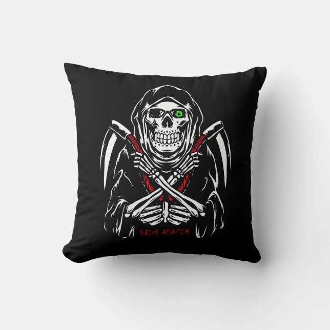 Coussin Grim Reaper Scythe Décès Skeleton Bones Halloween (Recto)
