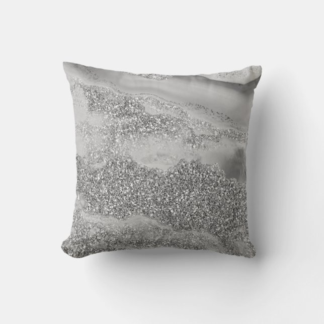 Coussin Gris Argent Pailleté Luxe Géode Agate (Recto)