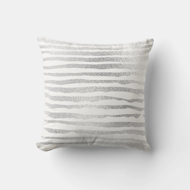Coussin Gris Argent Peint Métallique Lignes Lignes Blanc (Recto)