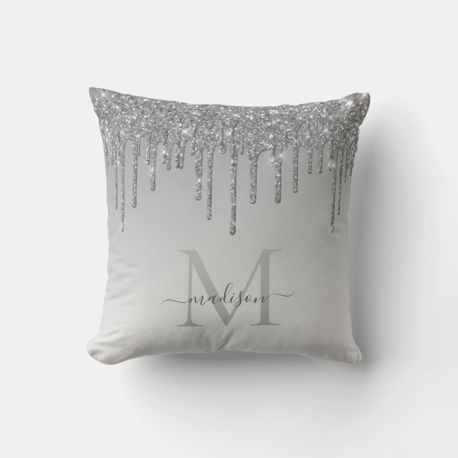 Coussin Gris argenté pailleté en gouttes Glam Monogramme S (Recto)