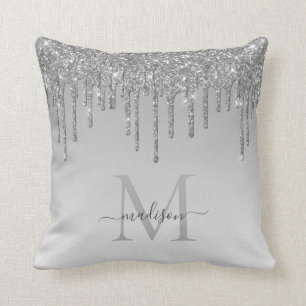 Coussin Gris argenté paillettes gouttes script monogramme 