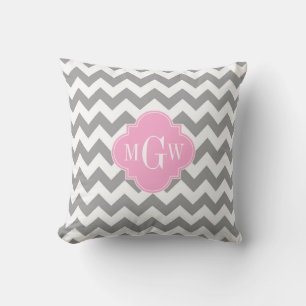 Coussin Gris Blanc Chevron Rose Quatrefoil 3 Monogramme
