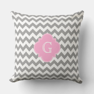 Coussin Gris Blanc Chevron Rose Quatrefoil Monogramme