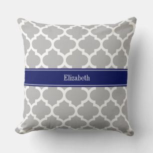 Coussin Gris Blanc Marocain #5 Bleu Marine Monogramme Nom