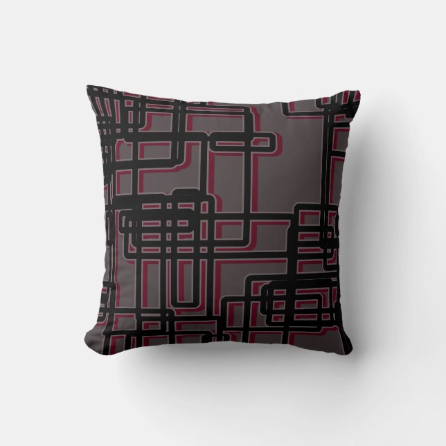Coussin Gris Bourgogne & Noir Géométrique Mi-Siècle Modern (Recto)