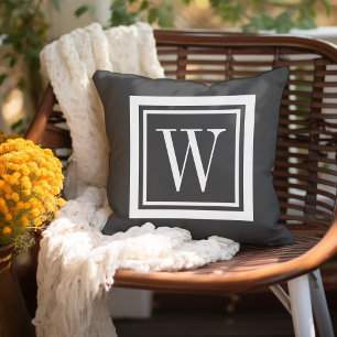Coussin Gris Charbon et Monogramme Carré Classique Blanc