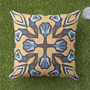 Coussin Gris Crème Jaune Brun Tribal Bleu Clair Art