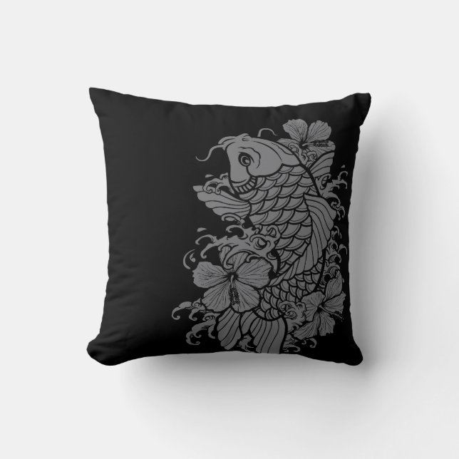 Coussin Gris de poissons de Koi sur le noir (Recto)