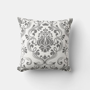 Coussin Gris et blanc Damas motif floral élégant