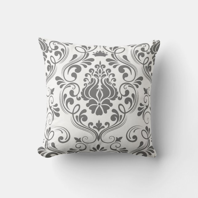Coussin Gris et blanc Damas motif floral élégant (Recto)