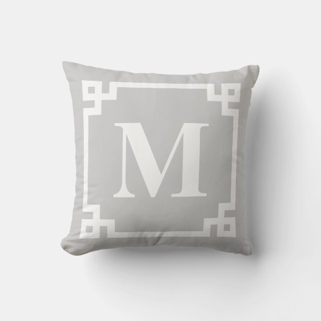 Coussin Gris et blanc Moderne grecque Key Monogramme de bo (Recto)