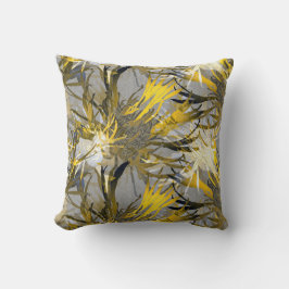Coussin Gris et Jaune Artistique Abstrait Floral