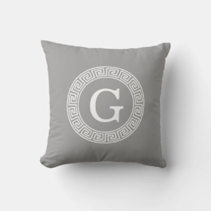 Coussin Gris foncé blanc clé grecque cadre Rnd initial Mon