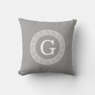 Coussin Gris foncé blanc clé grecque cadre Rnd initial Mon