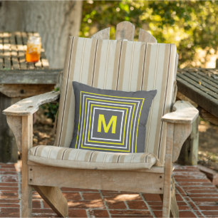 Coussin Gris foncé Moderne Jaune et Blanc Carré Monogramme