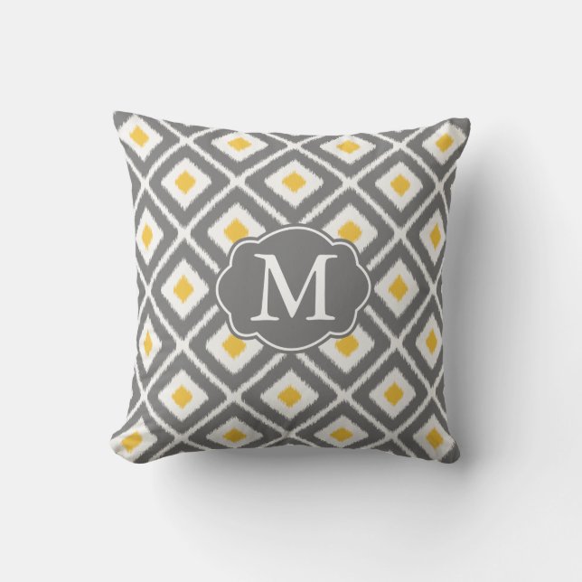 Coussin Gris, Jaune, Blanc, Diamant Ikat Motif (Recto)