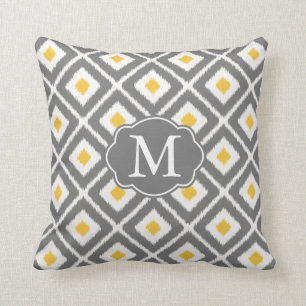 Coussin Gris, Jaune, Blanc, Diamant Ikat Motif