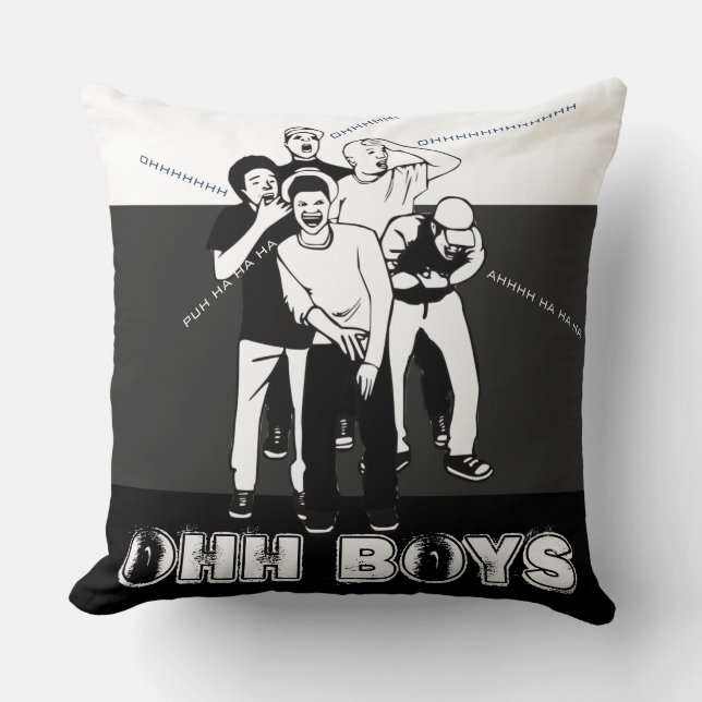 Coussin gris noir blanc OHH BOYS Crack Up Laughing (Recto)