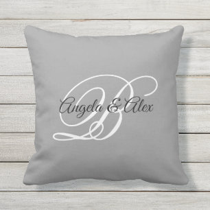 Coussin Gris noir et blanc Mariage élégant Monogramme