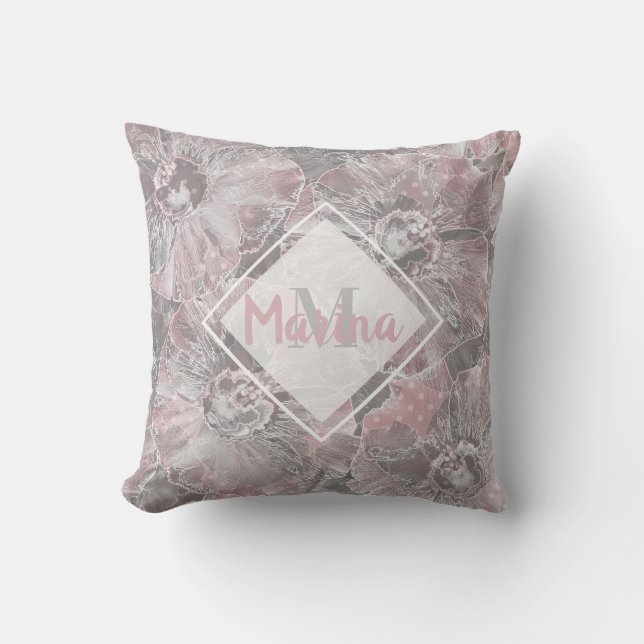 Coussin Gris rose, grandes fleurs design (Recto)