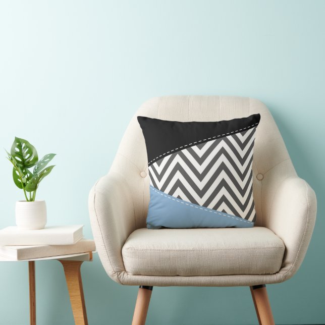 Coussin Gris Zigzag, Gris Chevron, Motif Zigzag, Bleu (Chaise)