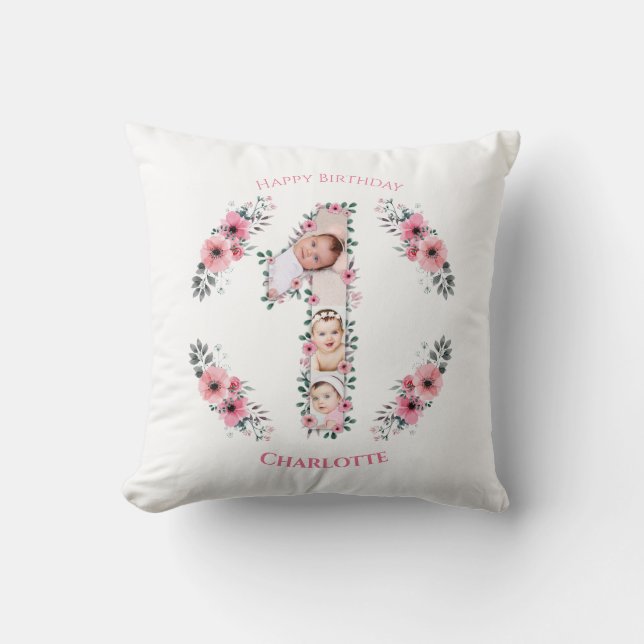 Coussin Gros 1er anniversaire fille photo Collage Fleur ro (Recto)