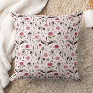 Coussin Grue japonaise et motif floral botanique