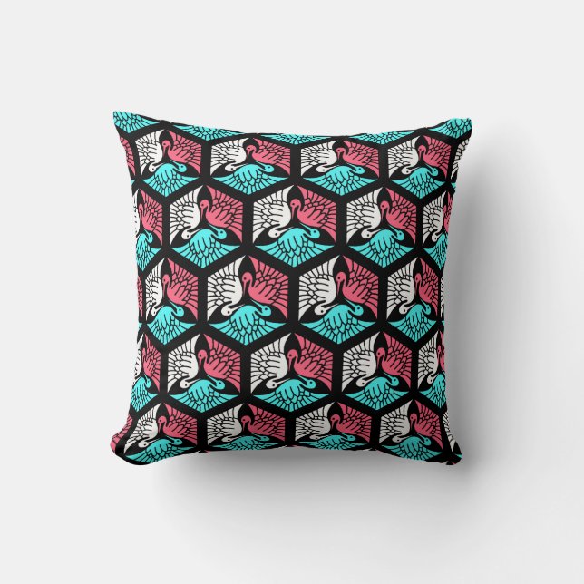 Coussin Grues japonaises, corail, turquoise et Black Thon (Recto)