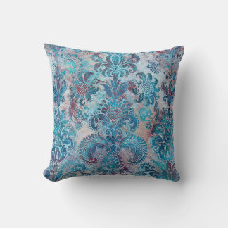 Coussin Grunge Damassé Denim Bleu Bourgogne Pêche Rose Fon