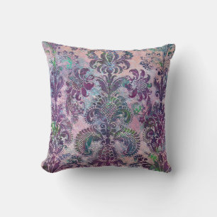 Coussin Grunge Damassé Rose Violet Chartreuse Turquoise