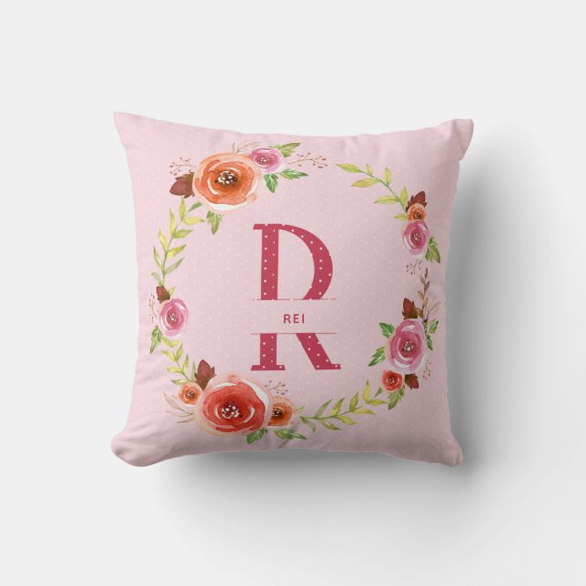 Coussin Guirlande florale chic d'aquarelle rose, rouge et (Recto)