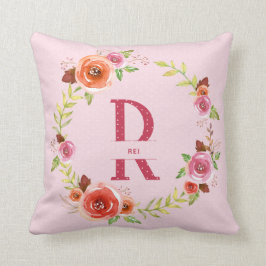 Coussin Guirlande florale chic d'aquarelle rose, rouge et