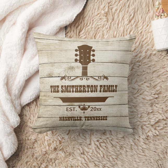 Coussin Guitare Country Music Rustic Wood Nom de famille (Couverture)