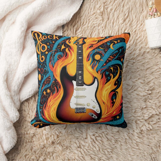 Coussin Guitare électrique entourée de flammes vives (Couverture)