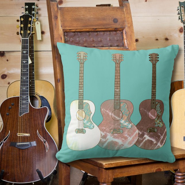 Coussin Guitares acoustiques classiques Instrument Vintage (Acoustic guitar pattern rustic vintage brown and teal pillow)