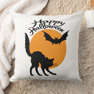 Coussin Halloween chat noir et chauve-souris avec lune, ha