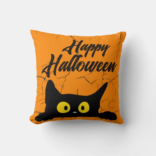 Coussin Halloween Chat Noir Texture Perdue Orange (Recto)