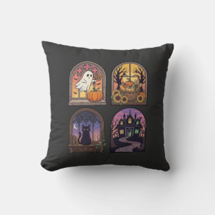 Coussin Halloween Gothique Fenêtre Fantôme Citrouille Chat